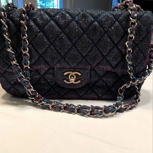 Chanel Iridescent Multicolor Quilted Glitter Fabric Jumbo Single Flap Bag